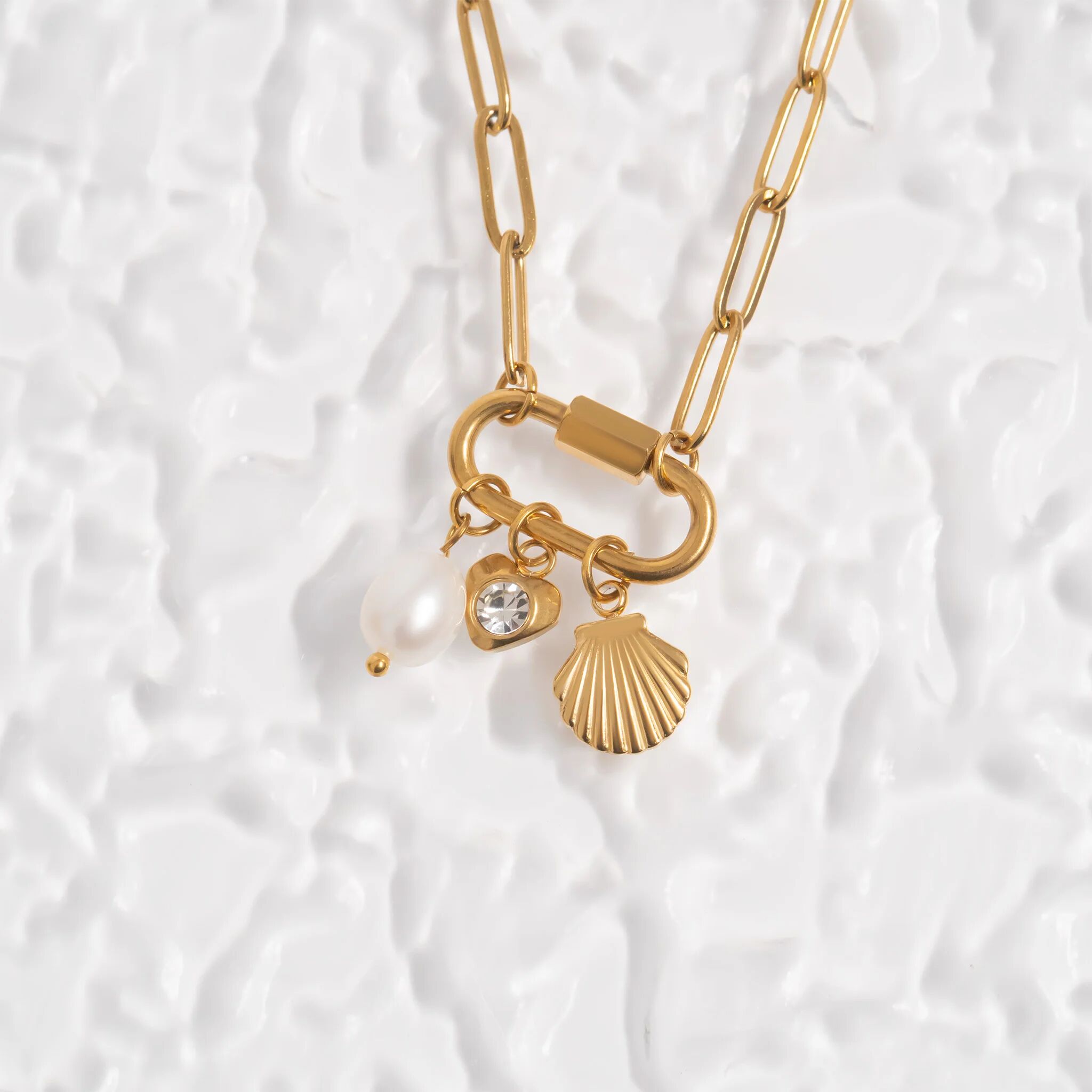 "Sea Shell" Paperclip Carabiner Charm Necklace