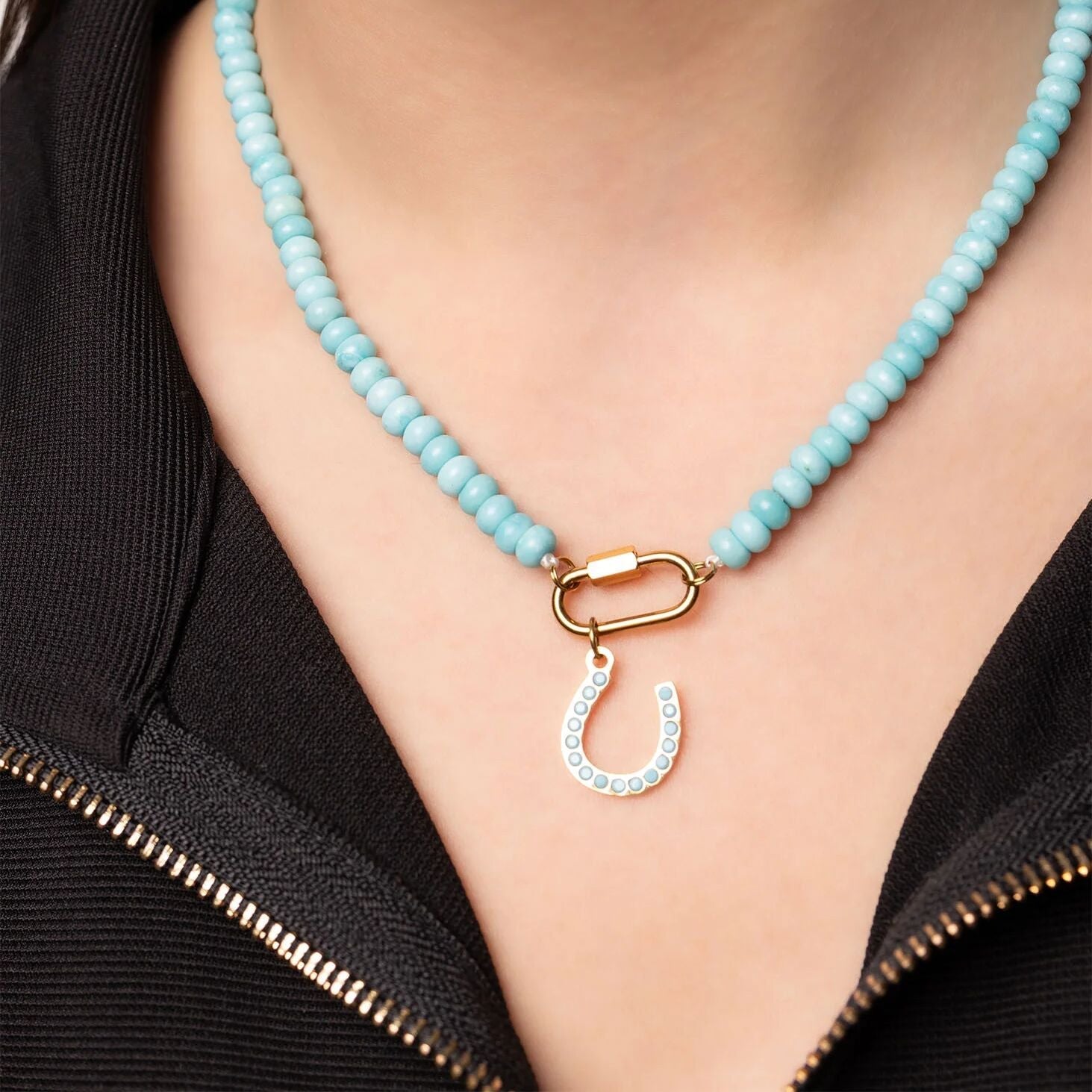 Turquoise Chunky Glass Bead Carabiner Charm Holder Necklace
