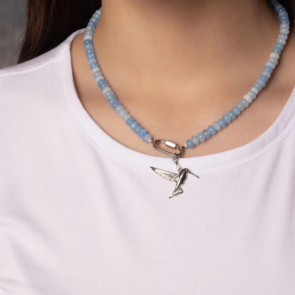 Blue Chunky Glass Bead Carabiner Charm Holder Necklace