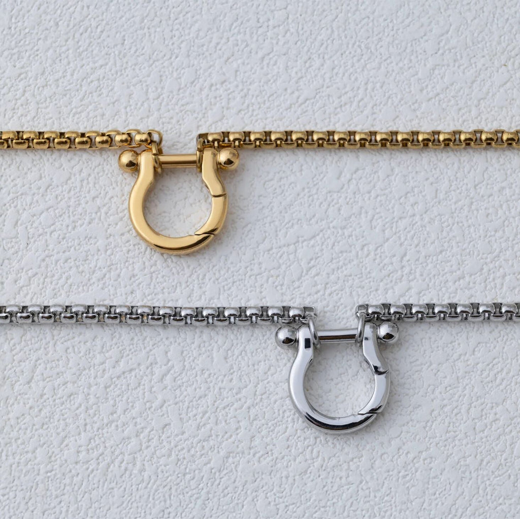 Close-up of gold and silver horse shoe clasp necklaces on a light gray background