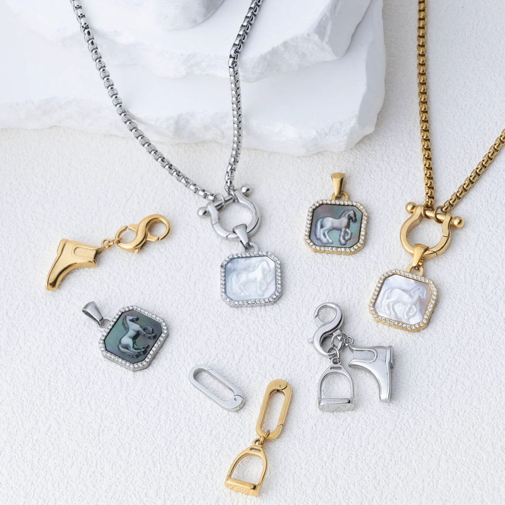Collection of necklaces with various pendants on a white background