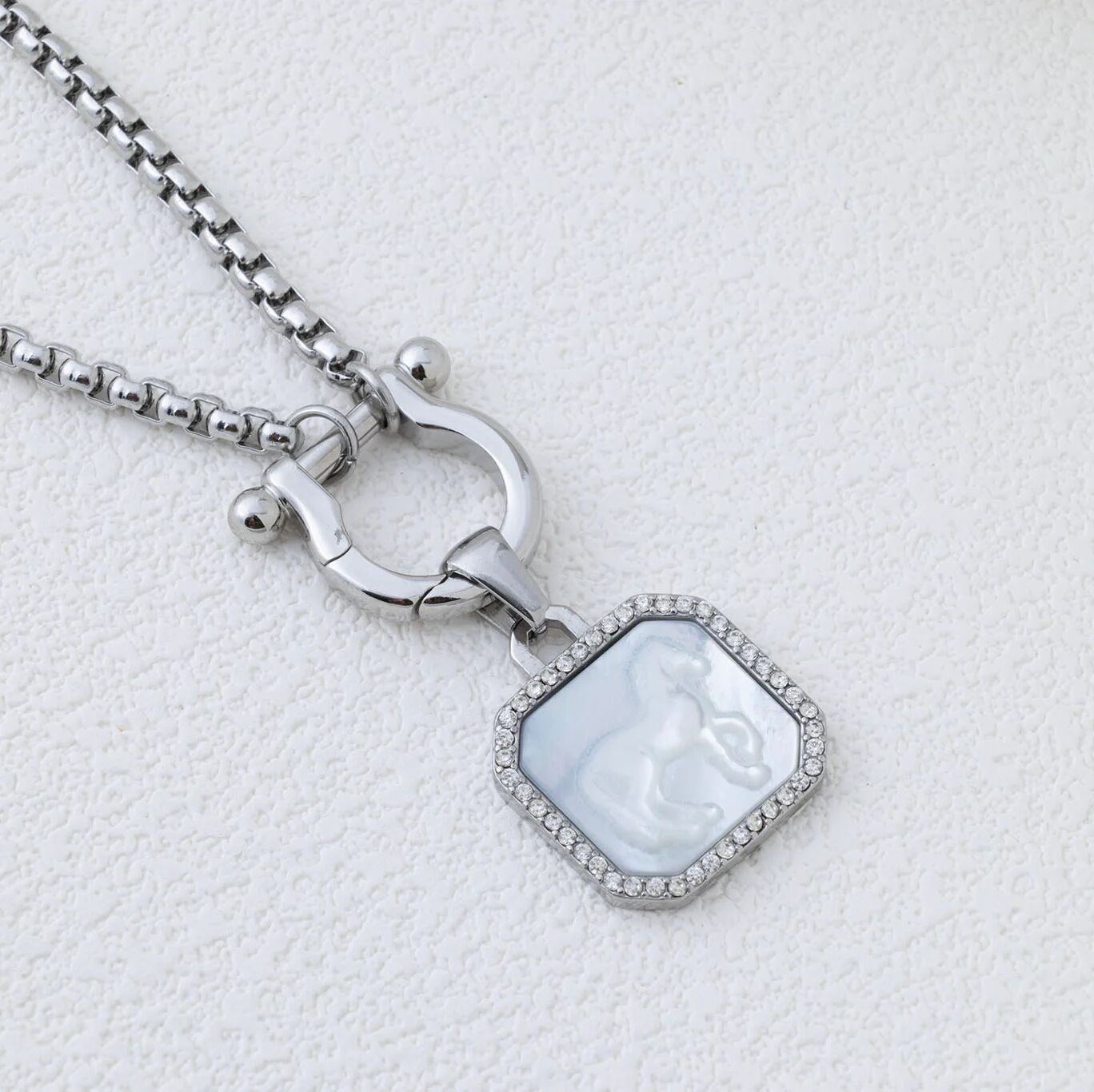 Silver necklace with a pendant on a light gray background