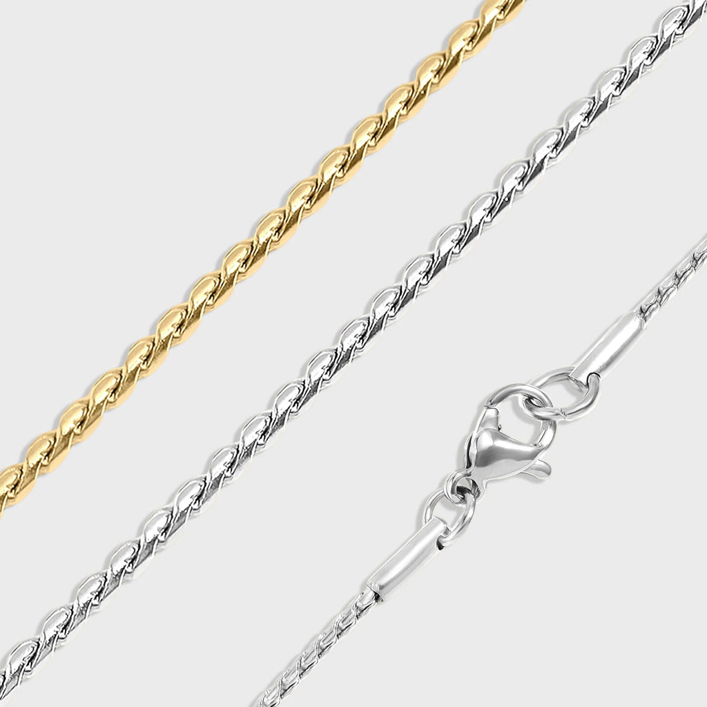 Two gold and silver chain necklaces on a white background