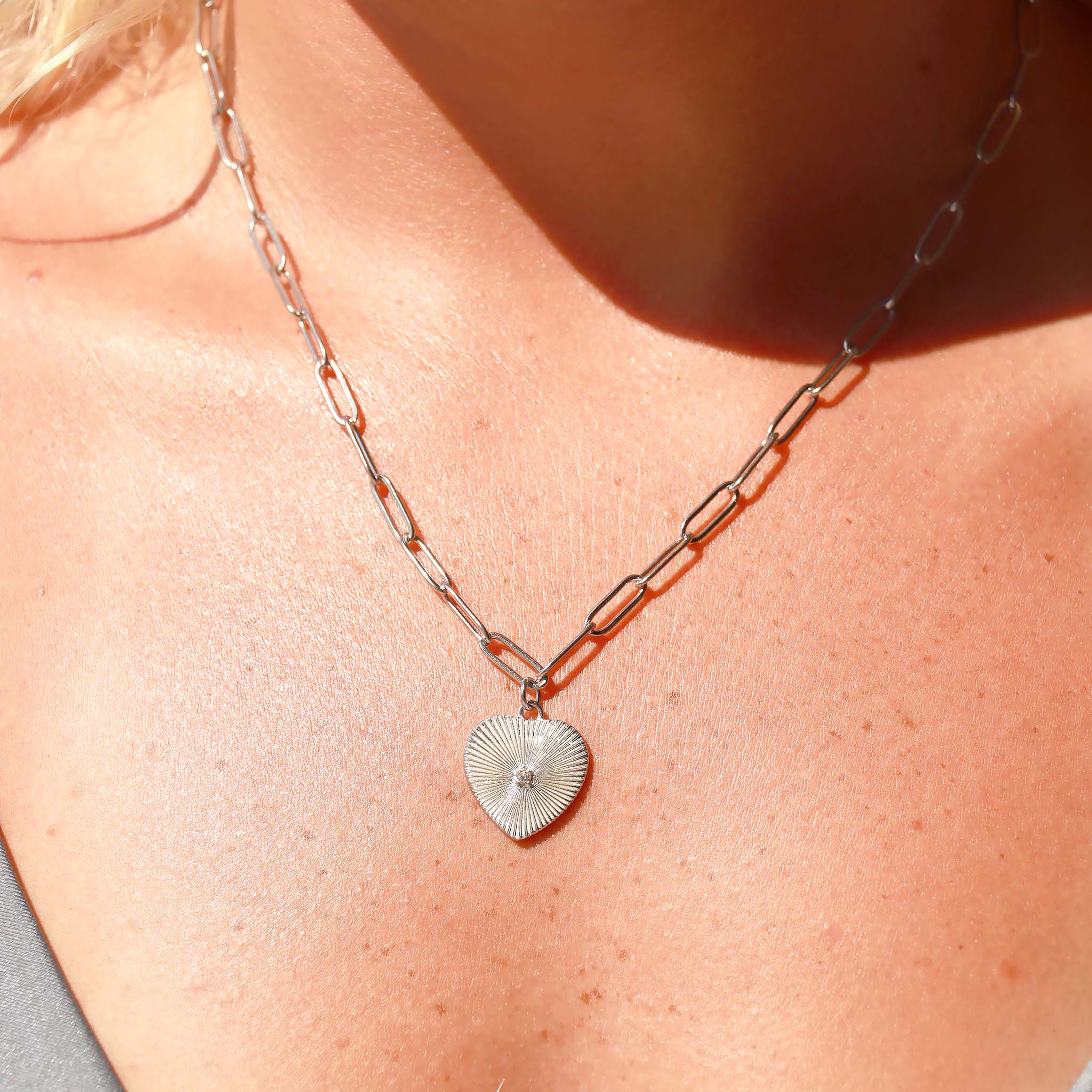 Sunburst CZ Heart Paperclip Charm Necklace