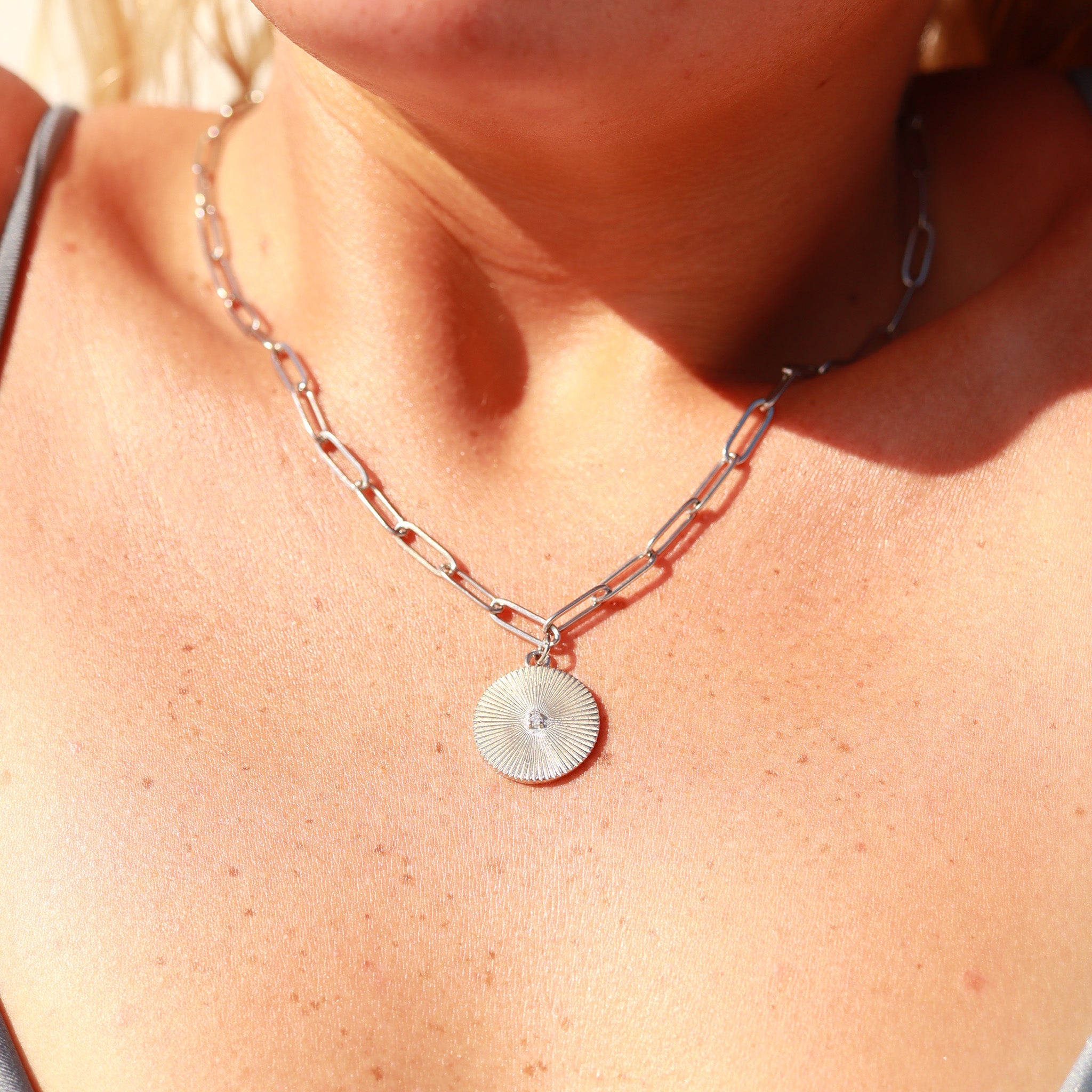 Sunburst CZ Medallion Paperclip Charm Necklace