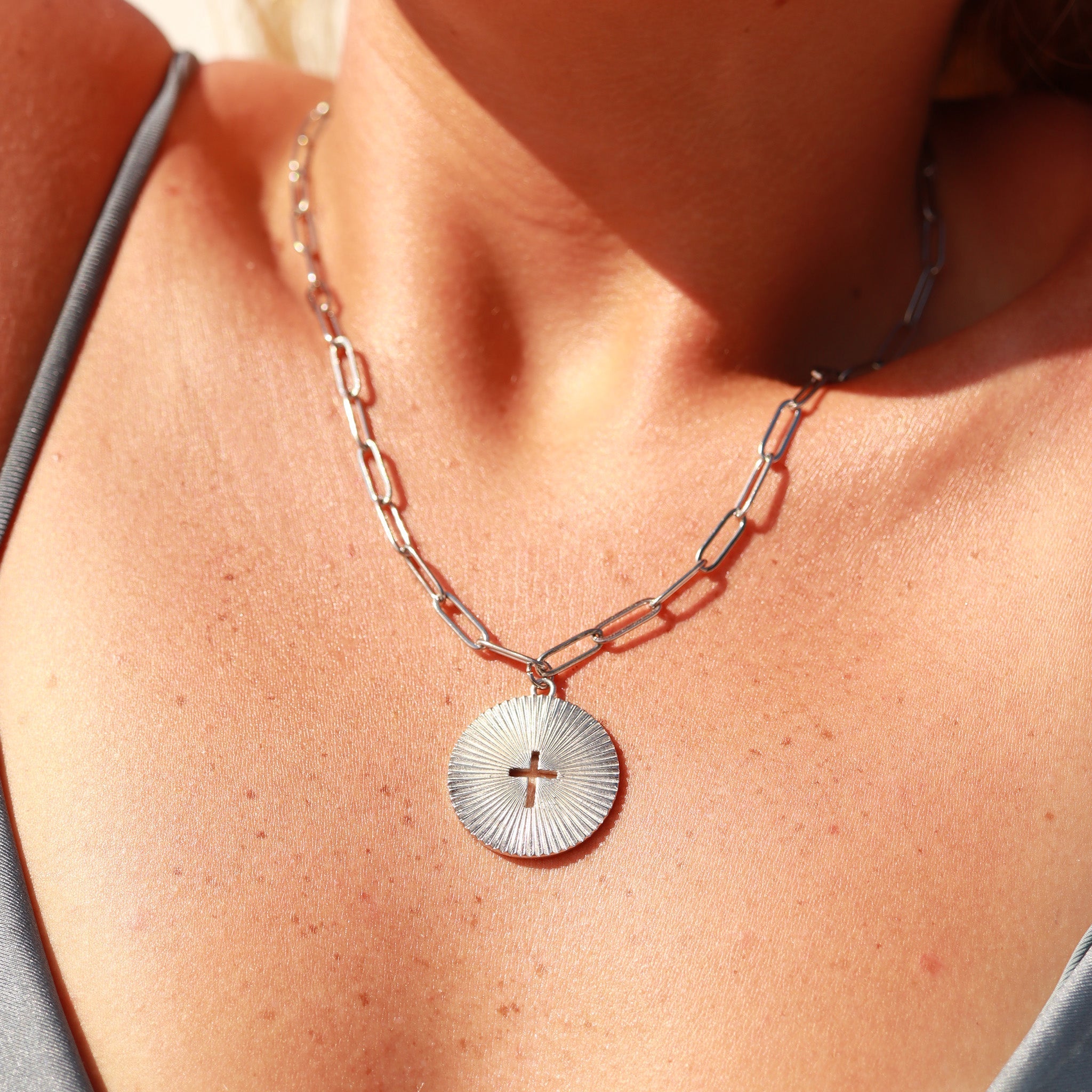 Sunburst Cross Paperclip Charm Necklace