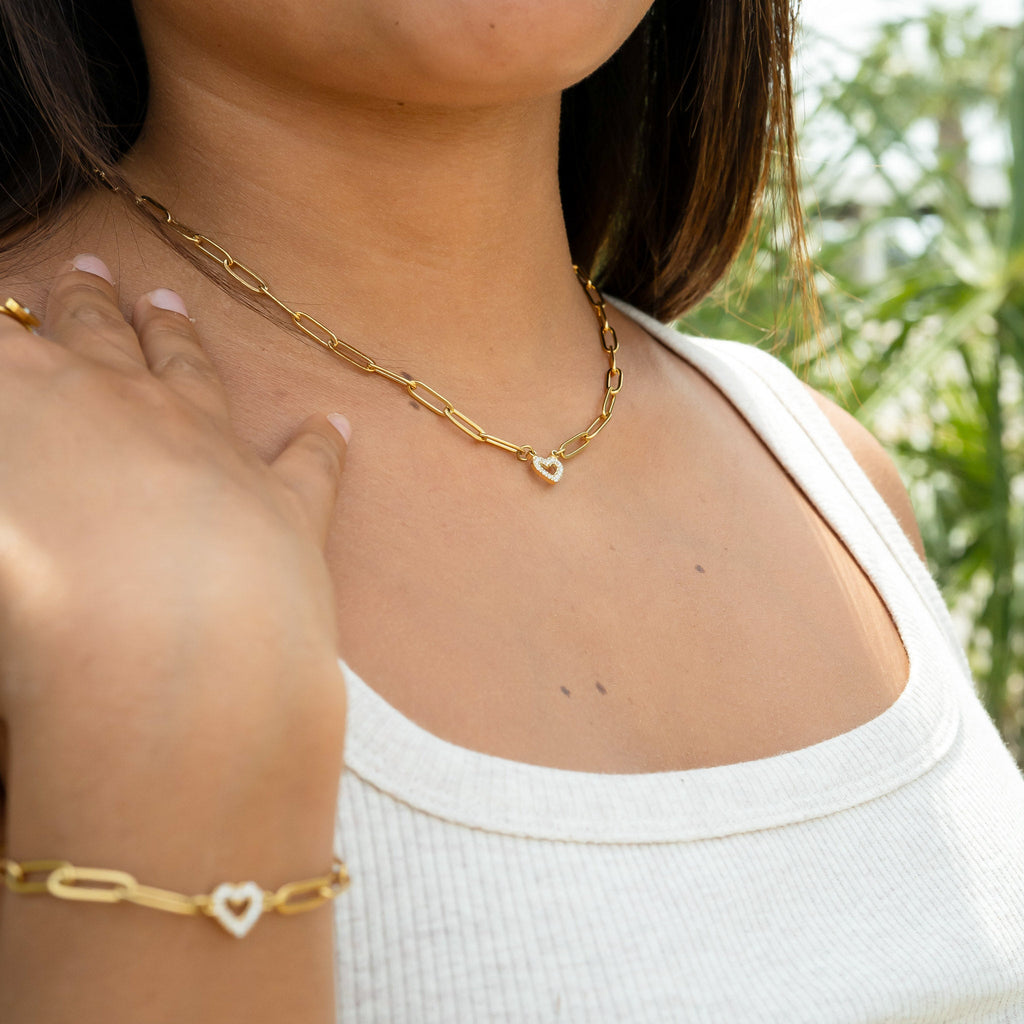 Person wearing Heart Paperclip Necklace and Bracelet Set