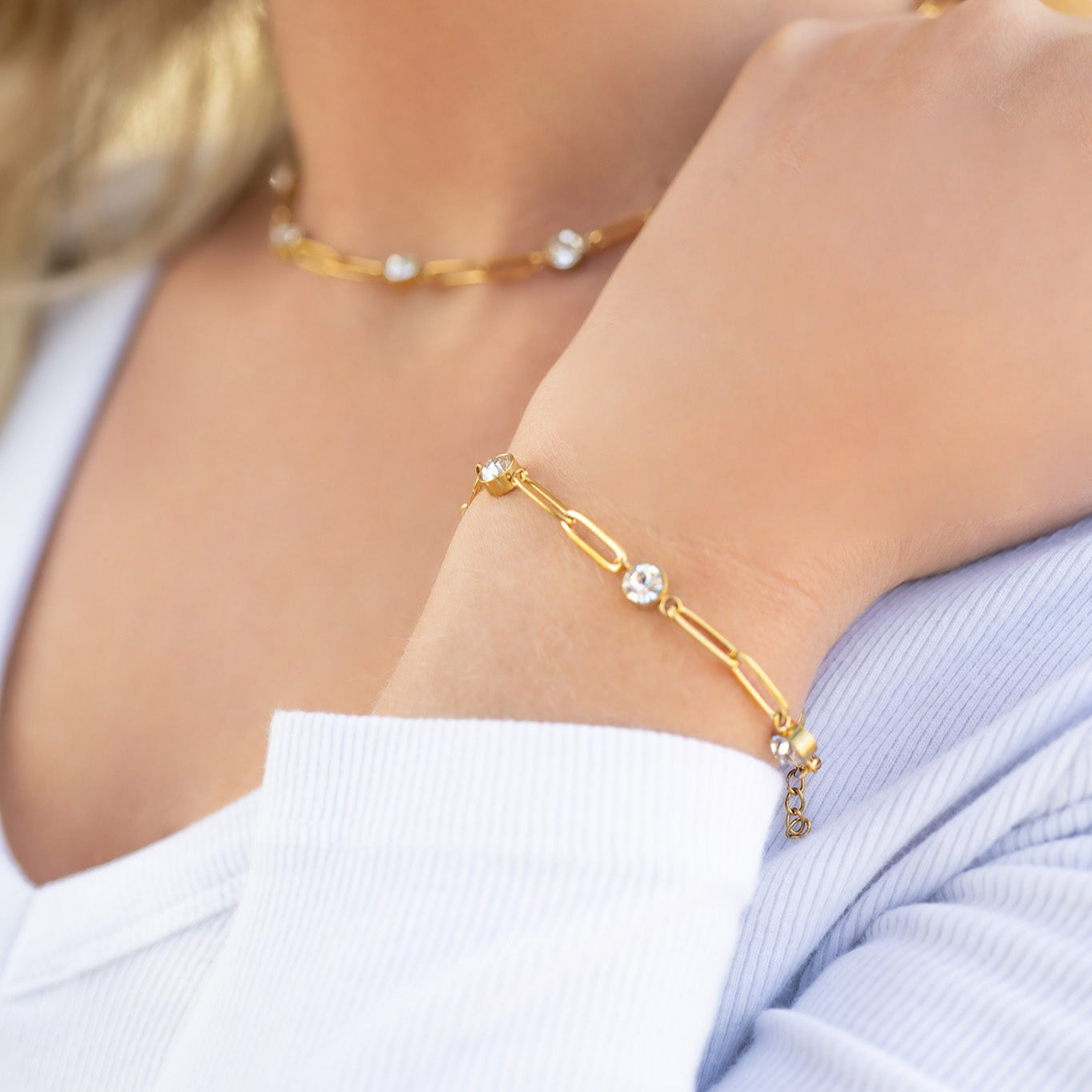 Crystal Stone Station Paperclip Chain Bracelet