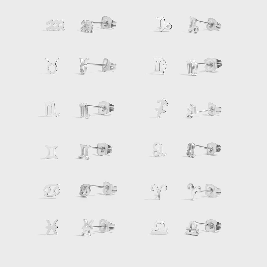 Collection of silver zodiac sign earrings on a white background