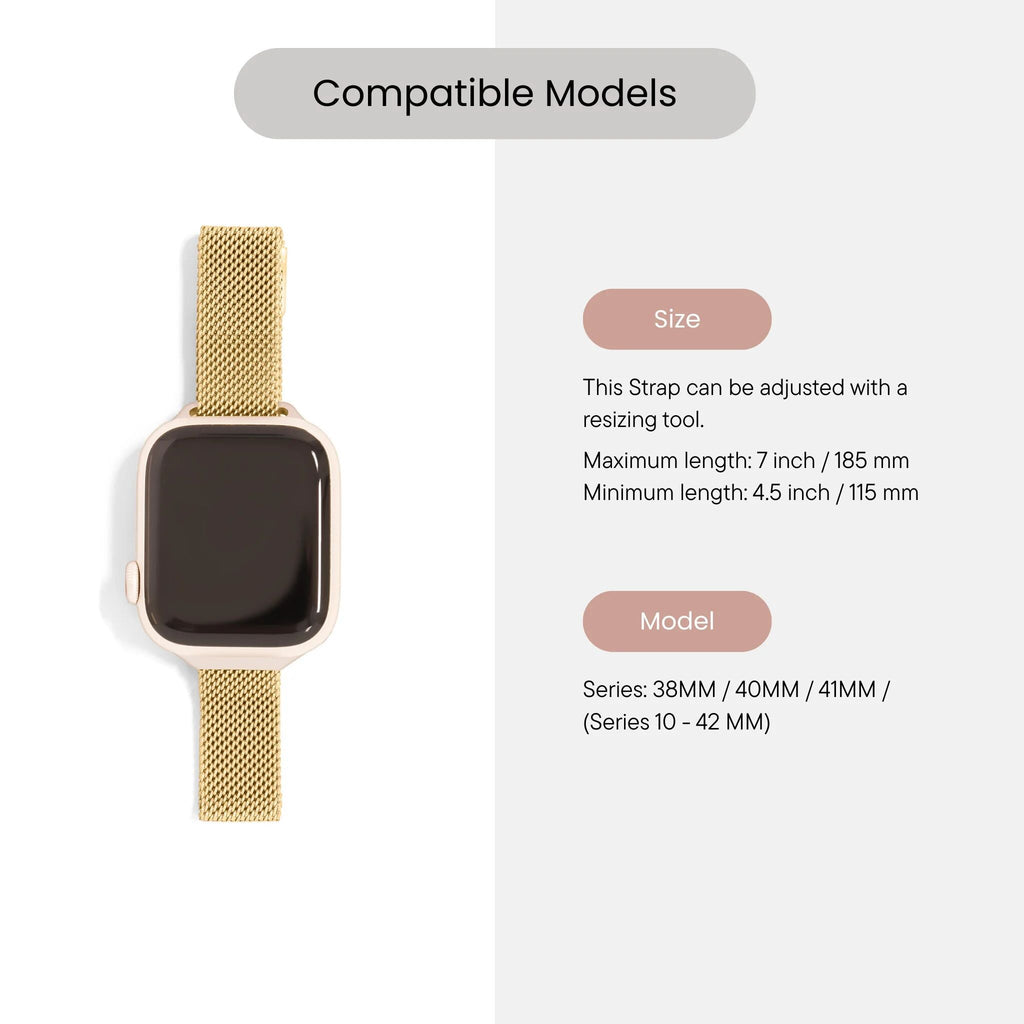 Gold watch strap with compatibility information on a white background