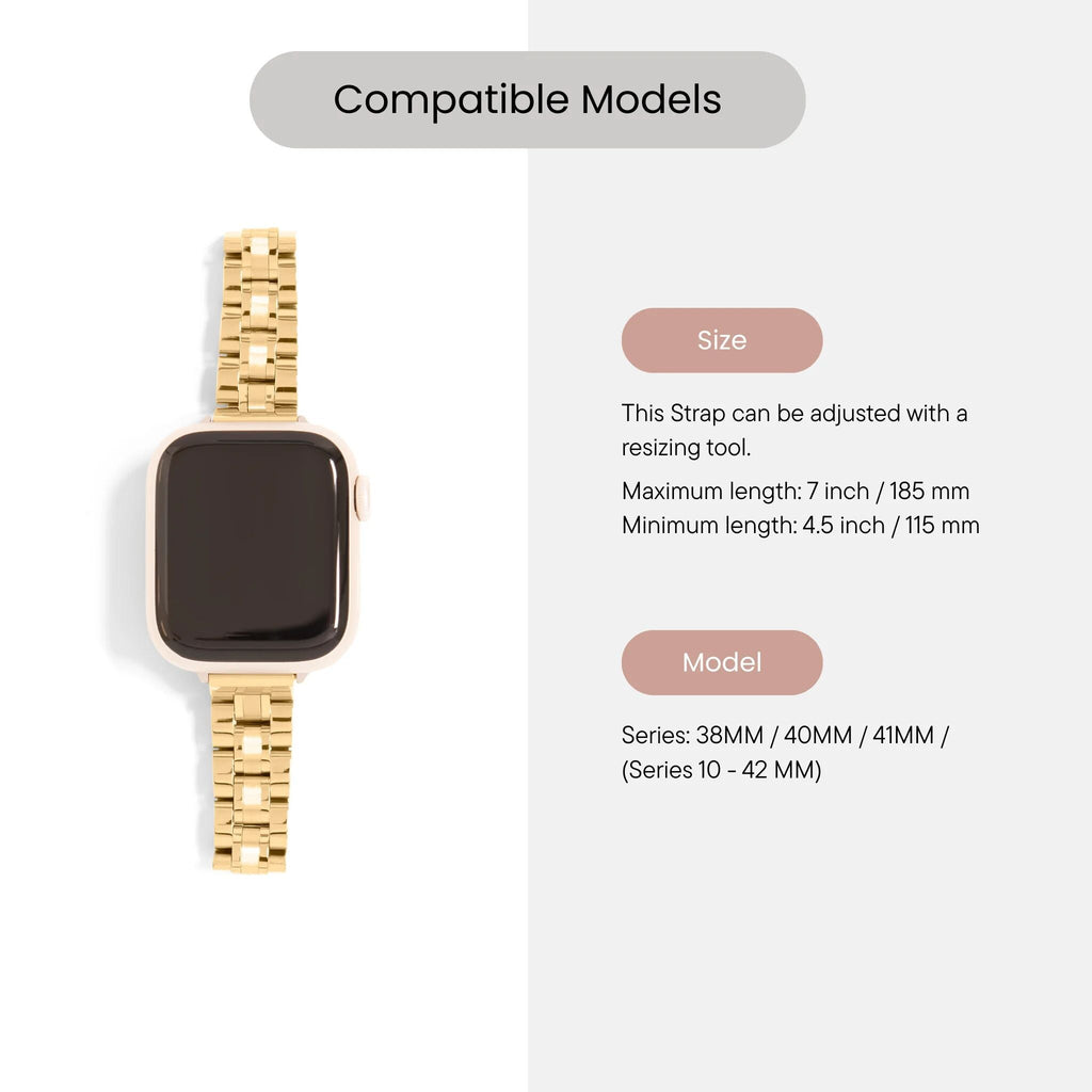 Gold watch strap with compatibility information on a white background