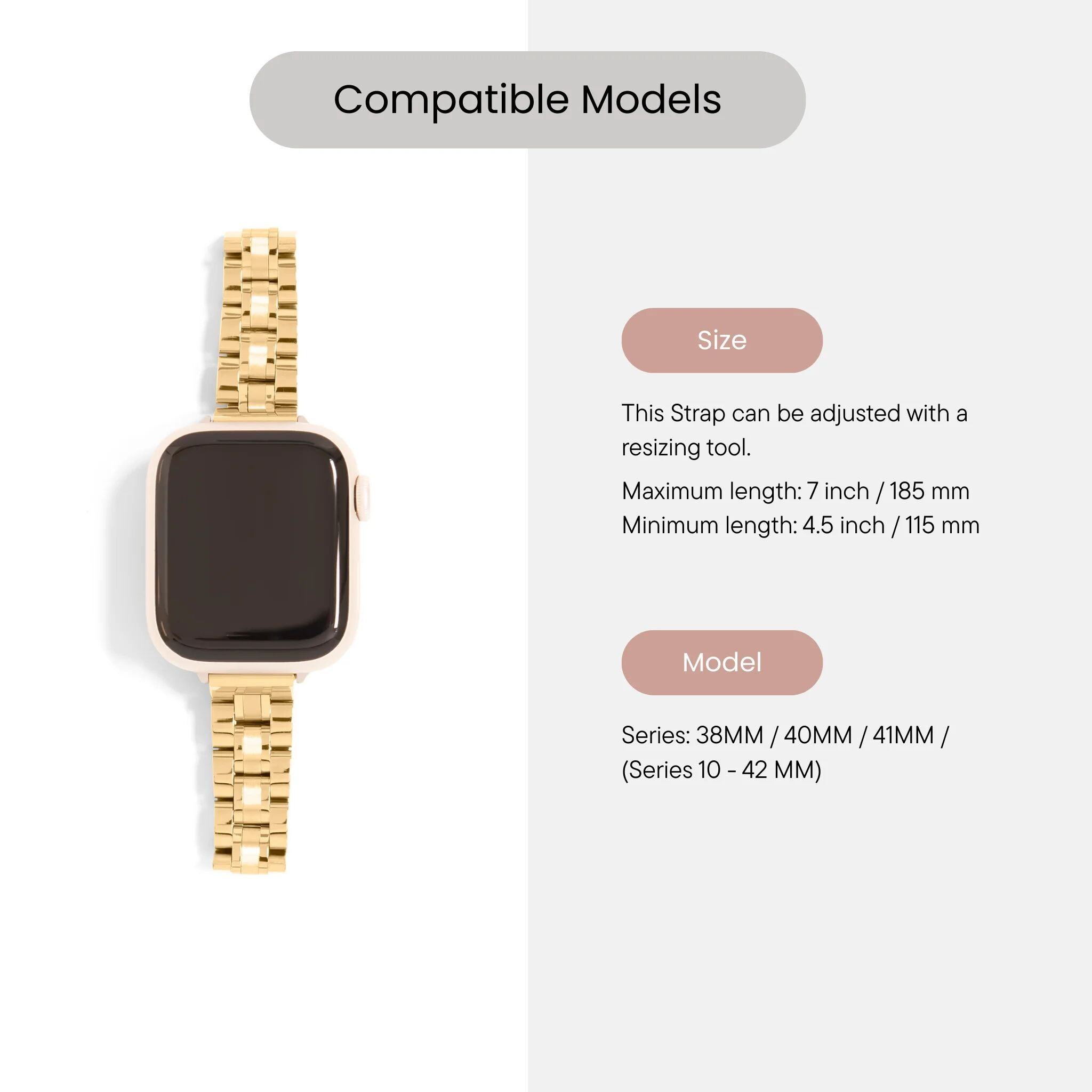 Gold watch strap with compatibility information on a white background