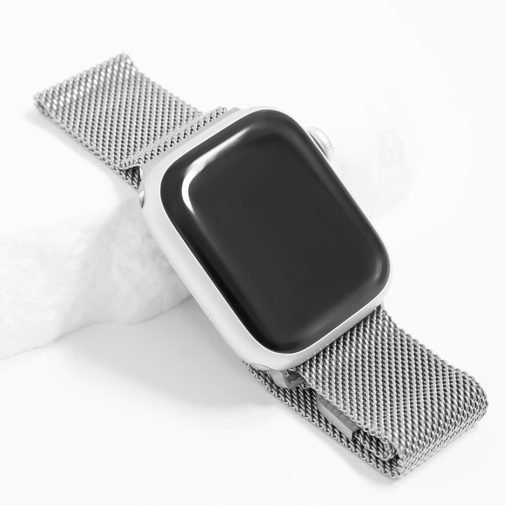 Smartwatch with a metal mesh band on a white background