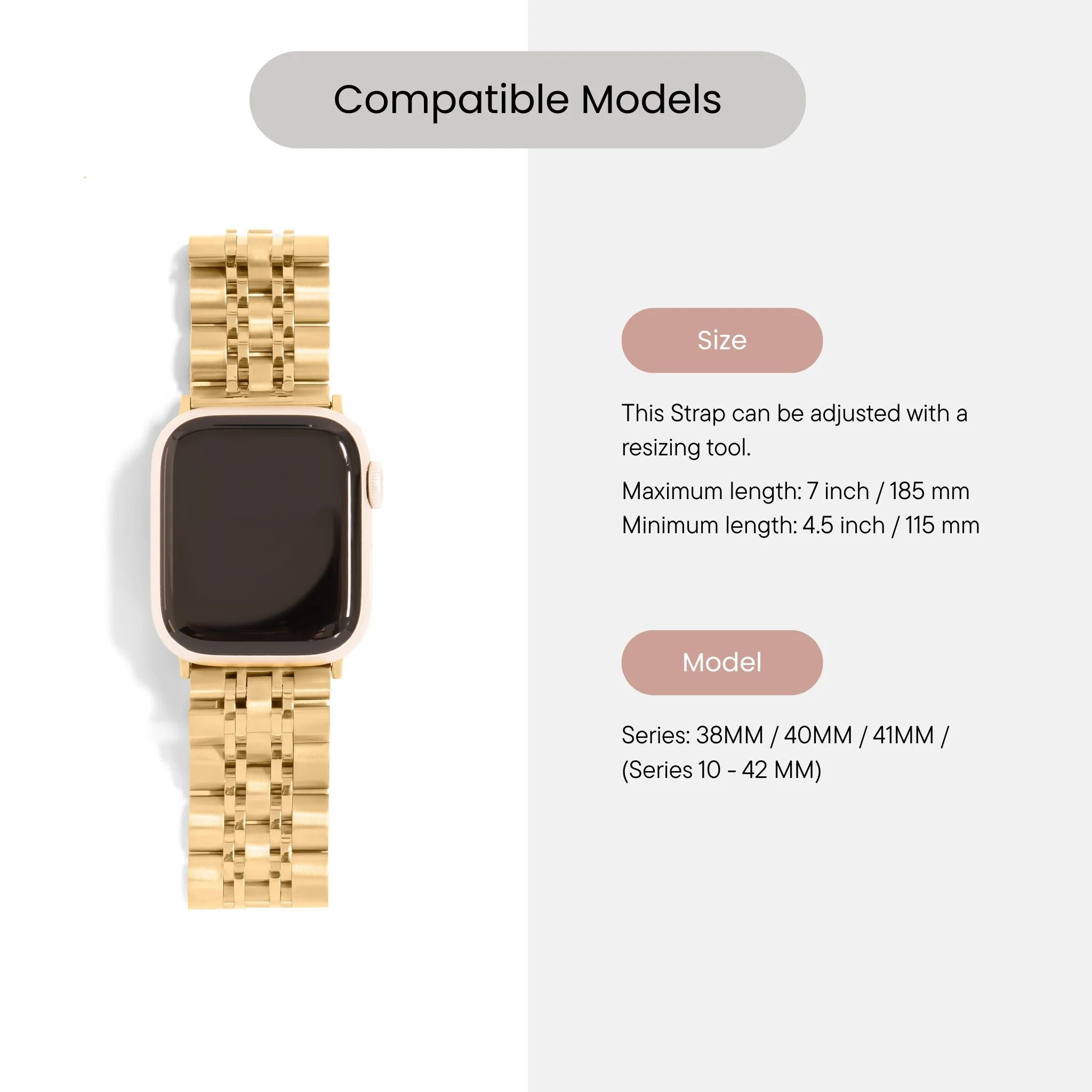 Gold watch strap with compatibility information on a white background