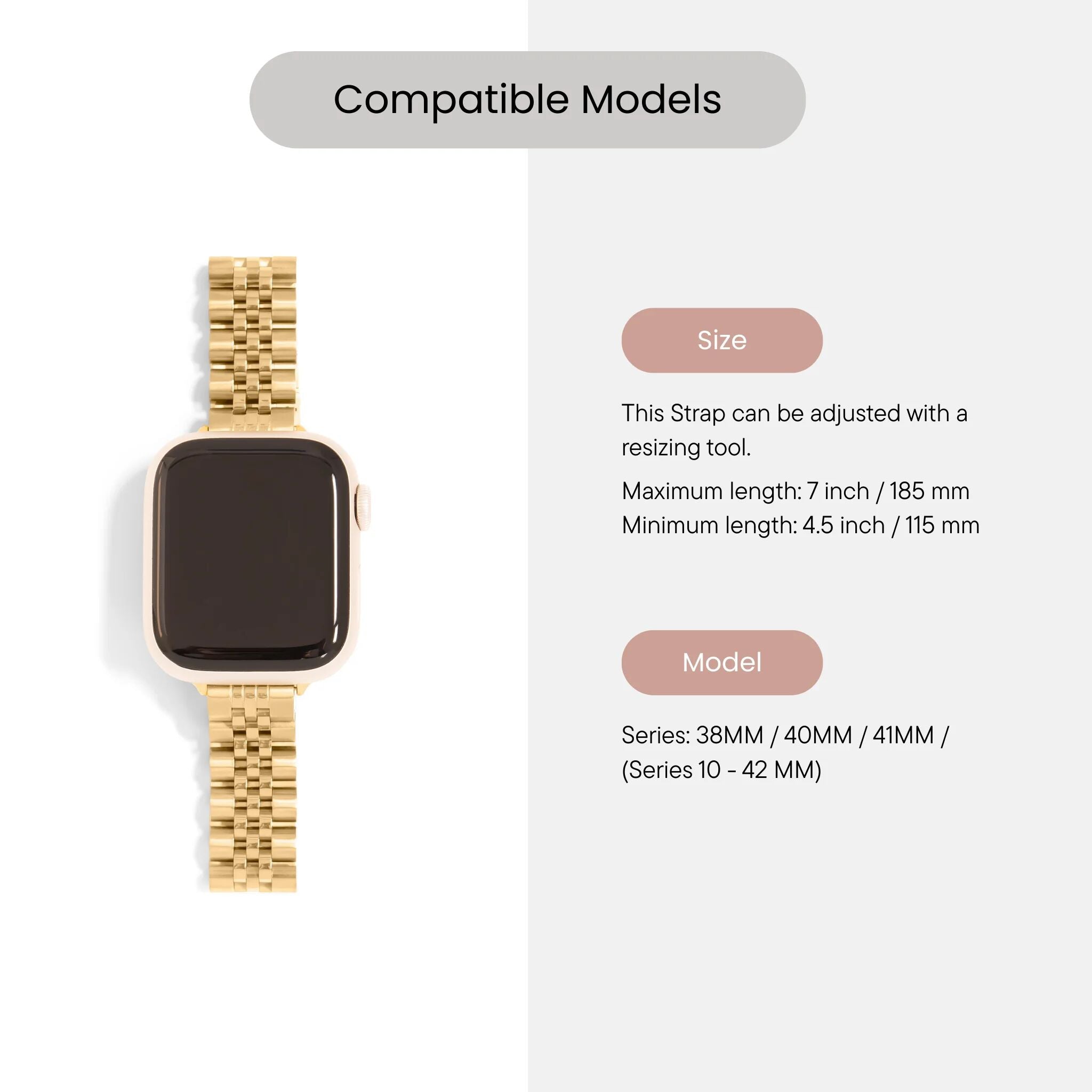 Gold watch strap with compatibility information on a white background