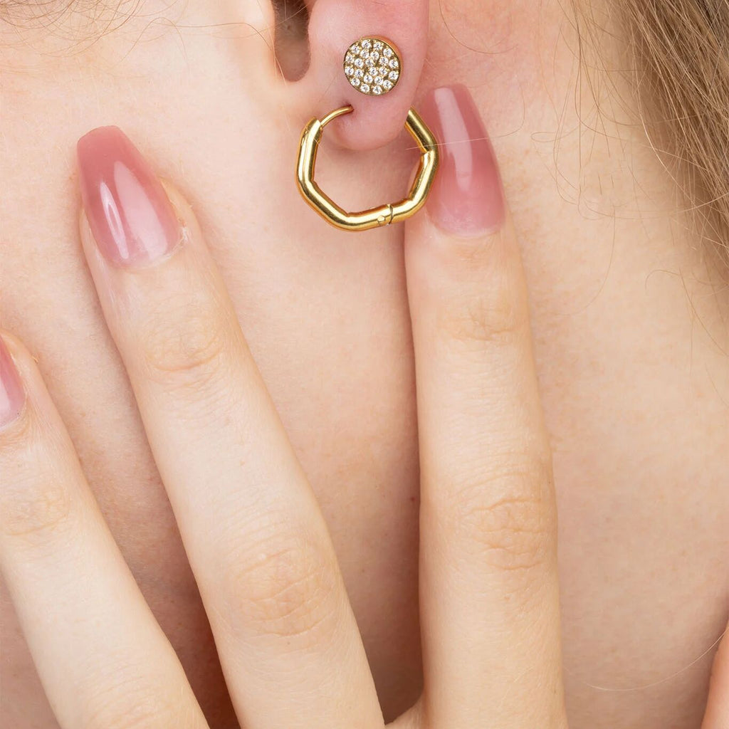 Rounded Geometric Huggie Hoop Earrings- gold model 