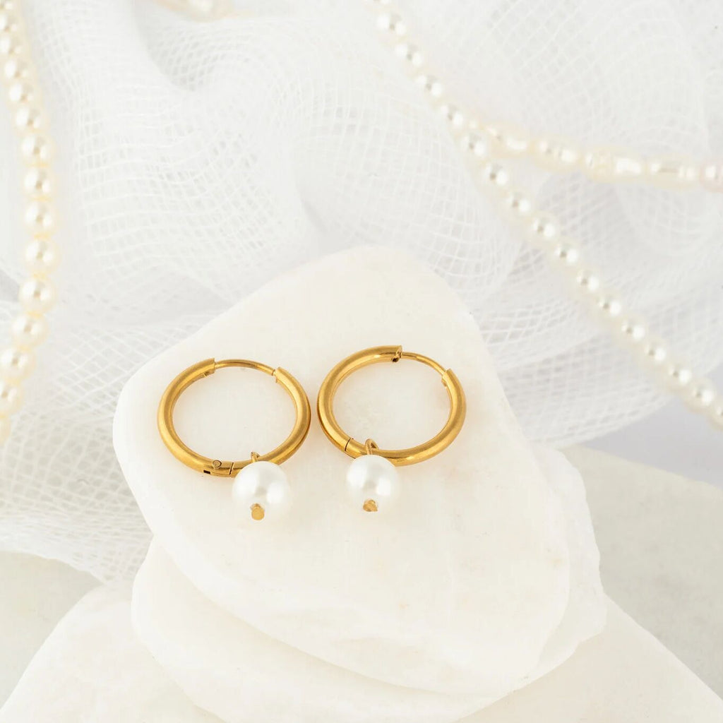 Pearl Charm Huggie Earrings- gold studio 