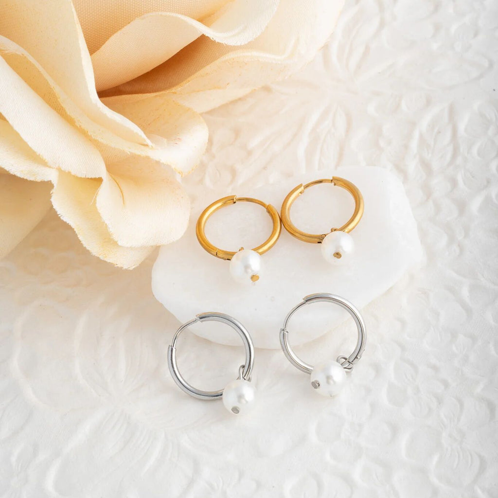 Pearl Charm Huggie Earrings- gold and silver studio 