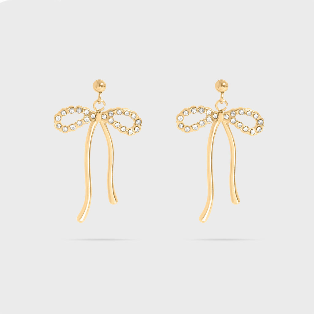 Gold Ribbon Bow with Stones Earrings