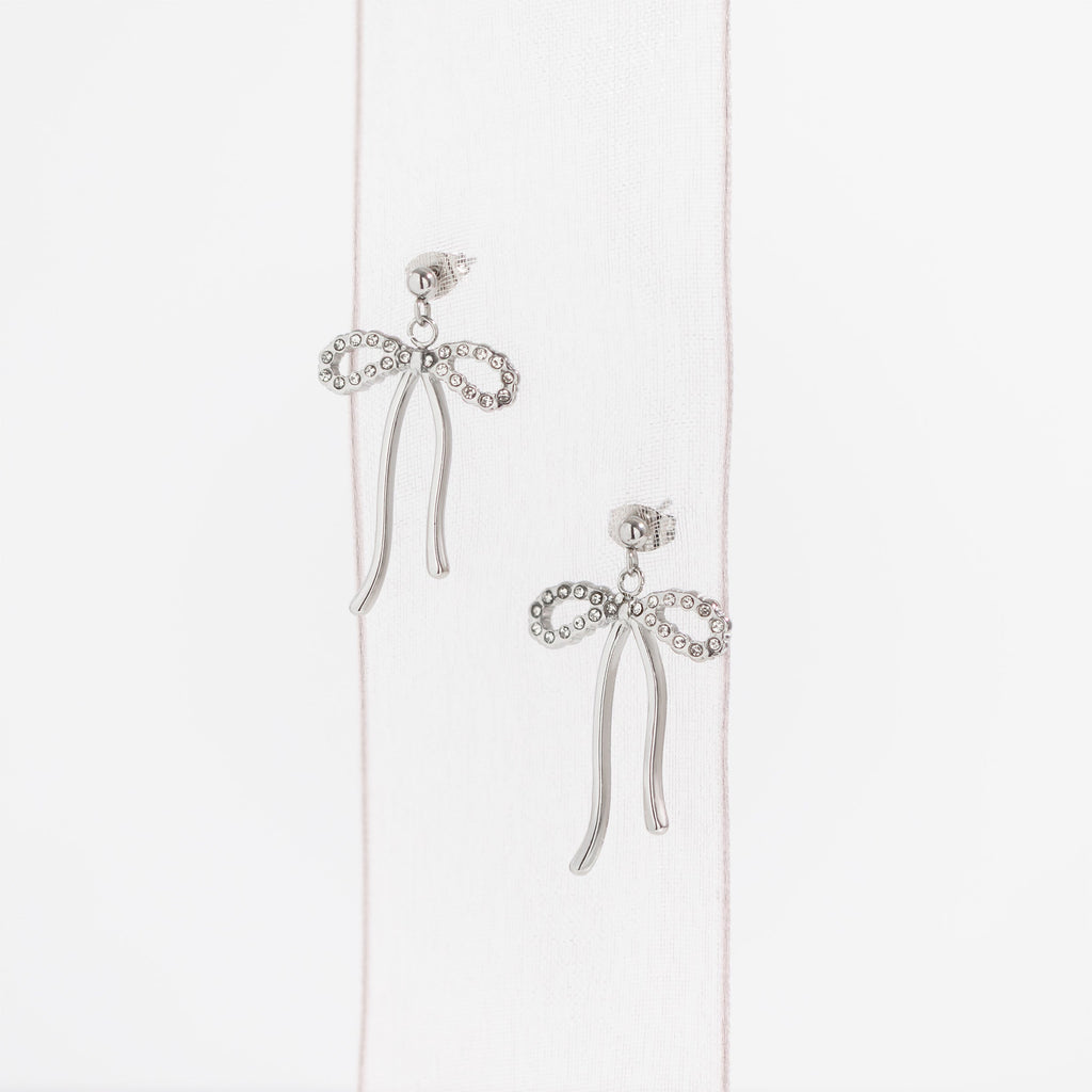 Silver Ribbon Bow with Stones Earrings