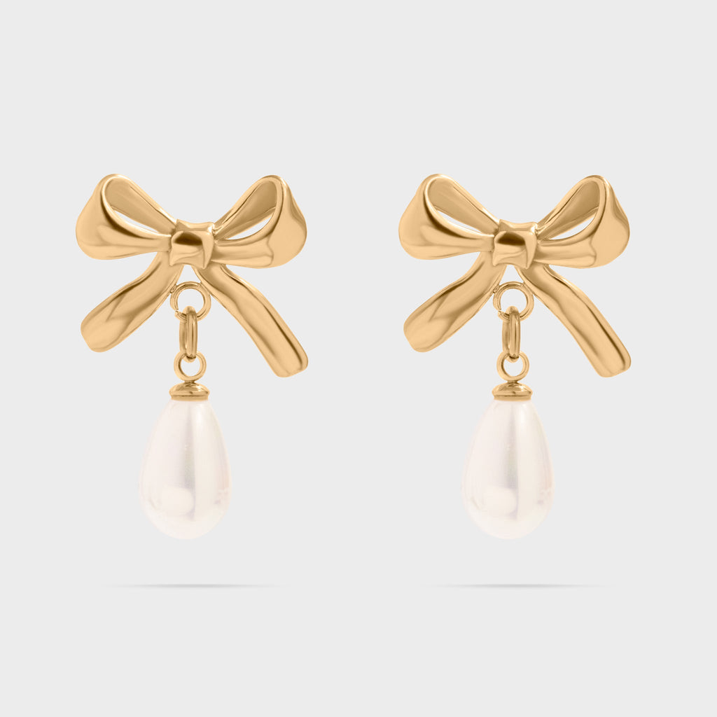 Gold Ribbon Bow Earrings with Freshwater Pearl