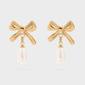 Gold Ribbon Bow Earrings with Freshwater Pearl