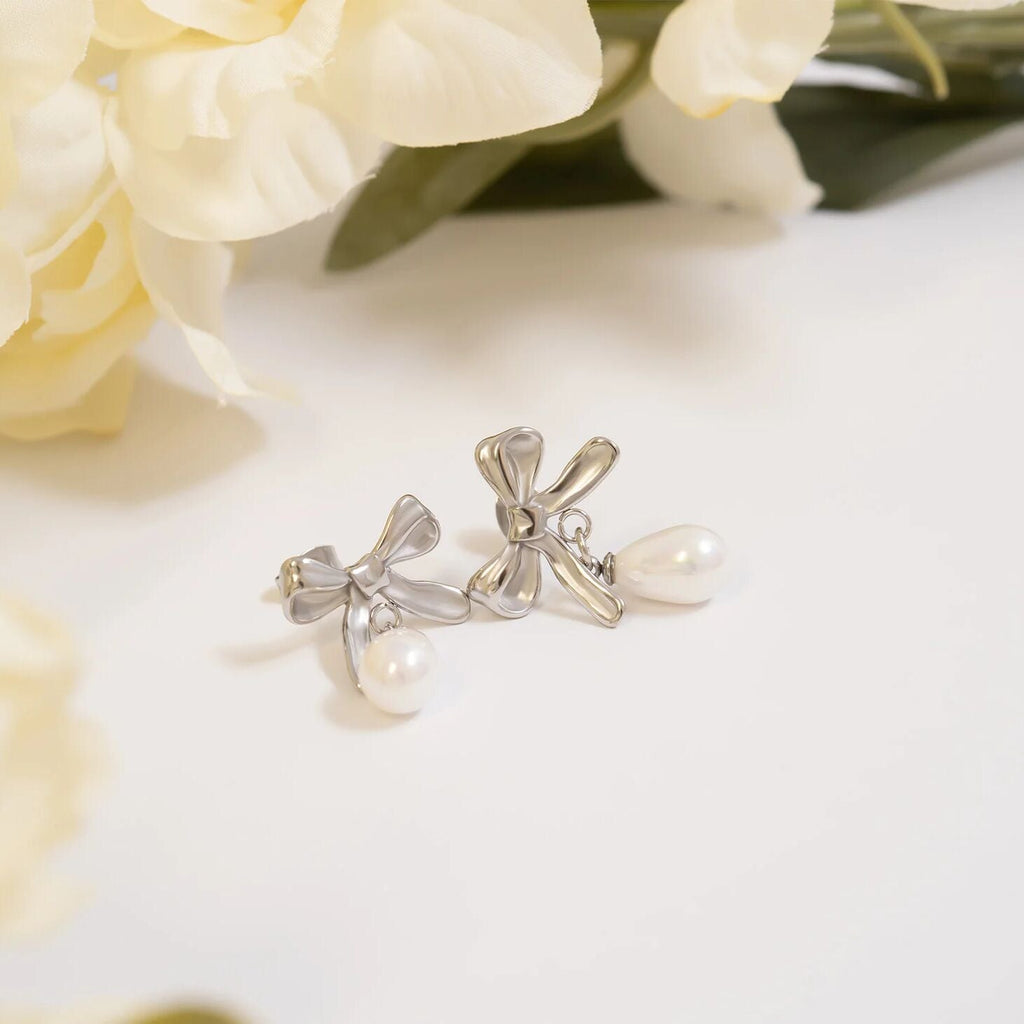 Silver Ribbon Bow Earrings with Freshwater Pearl