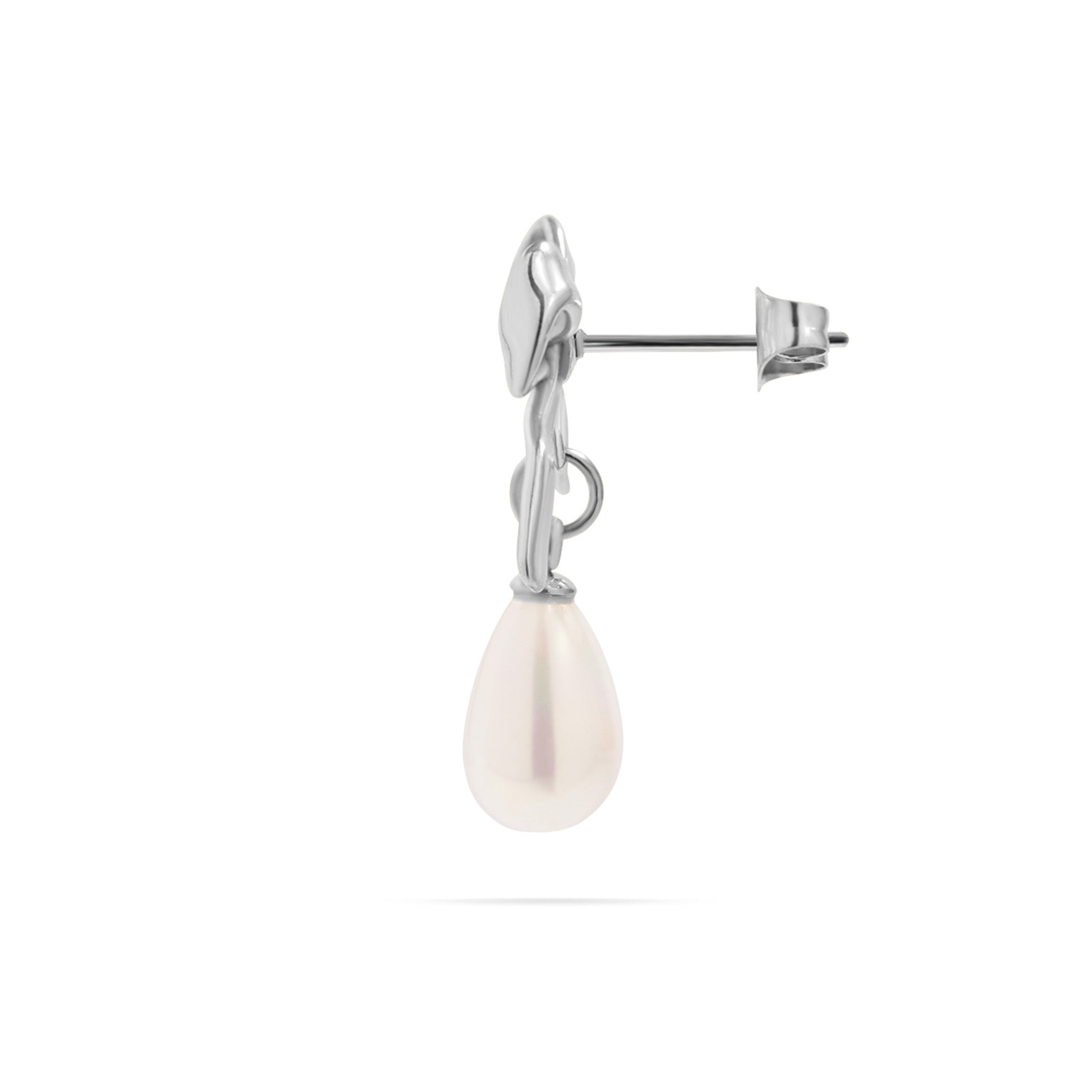 Silver Ribbon Bow Earrings with Freshwater Pearl