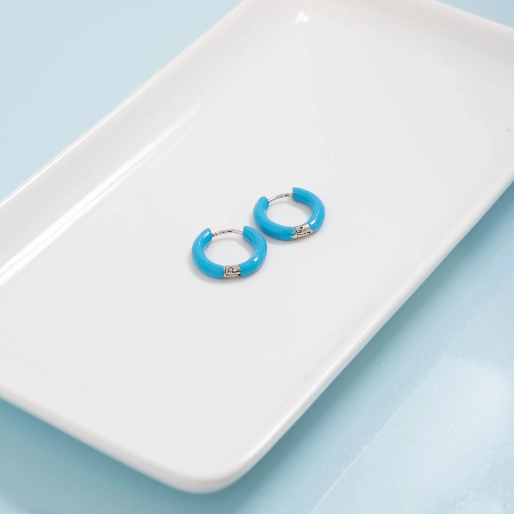 Silver - Blue Epoxy Huggie Hoop Earrings