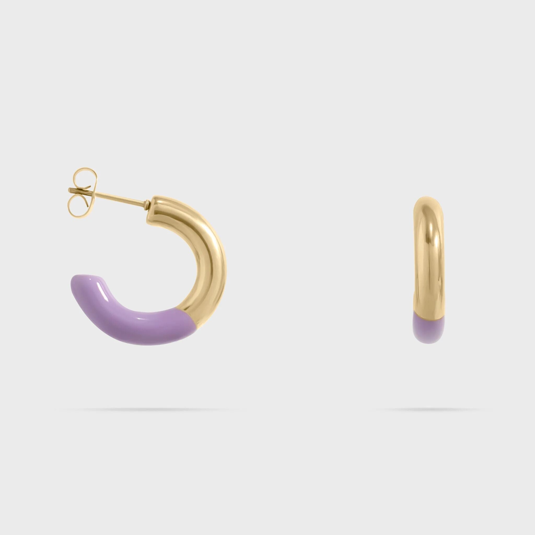 Gold hoop earrings with purple accents on a white background