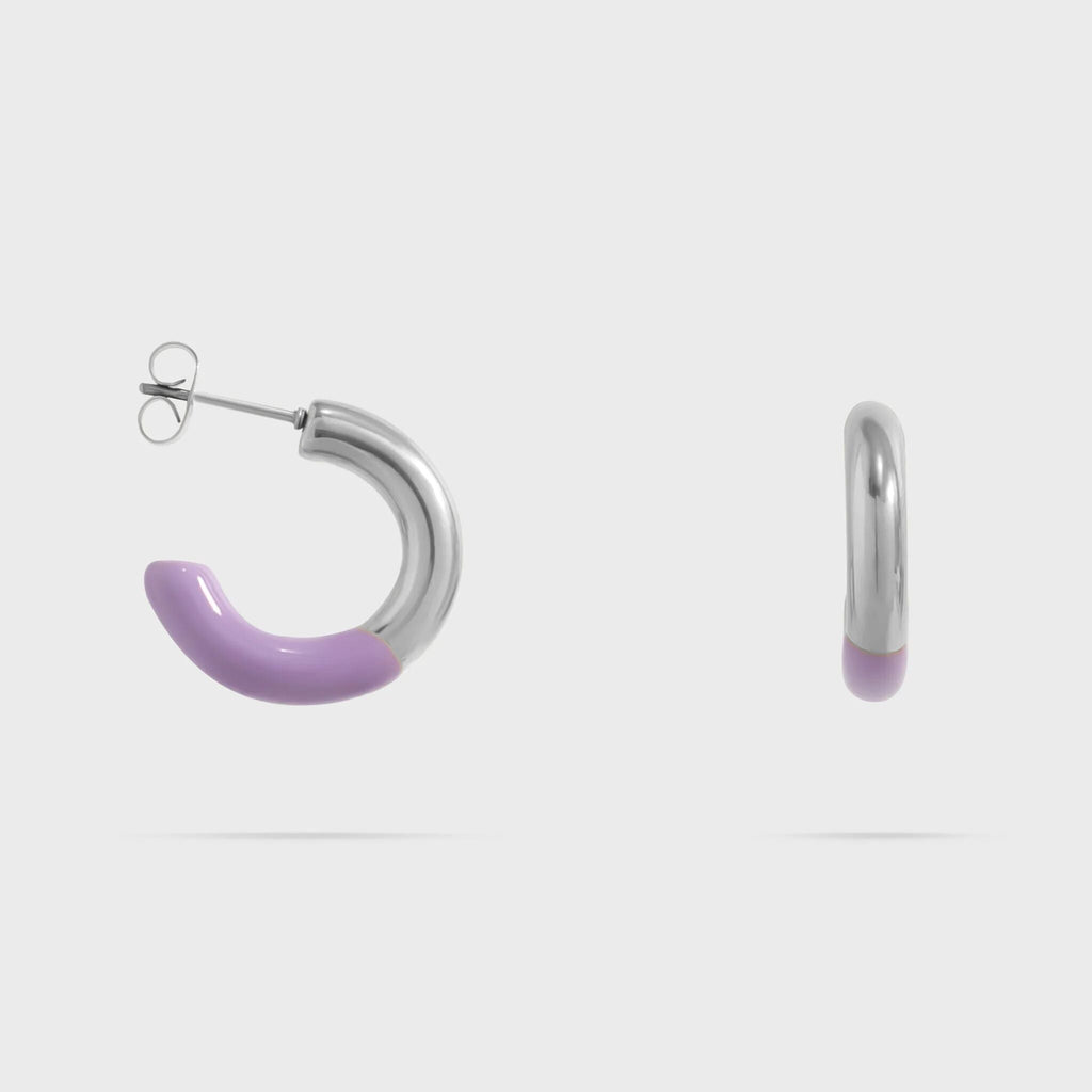 Silver hoop earrings with purple accents on a white background