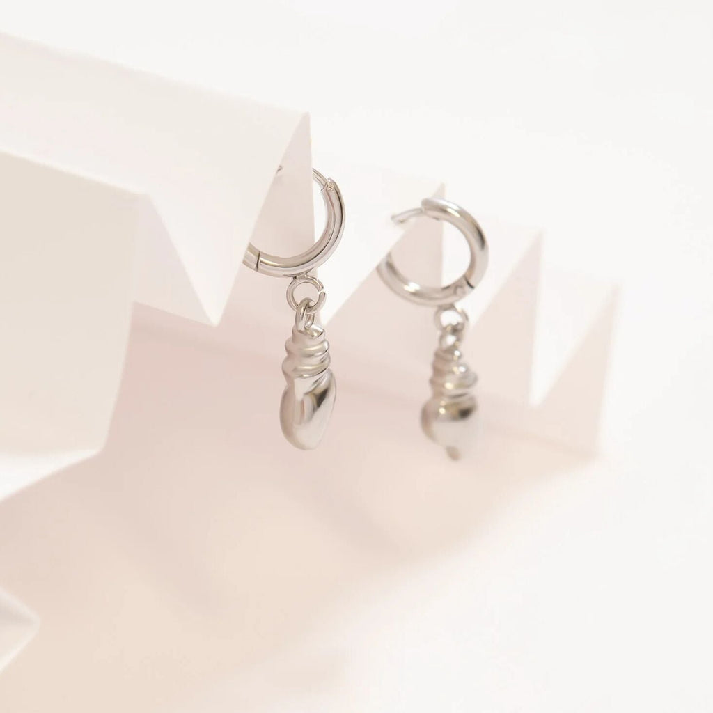 Silver Dangle Conch Shell Huggie Hoop Earring