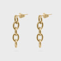 Gold chain link earrings on a white background