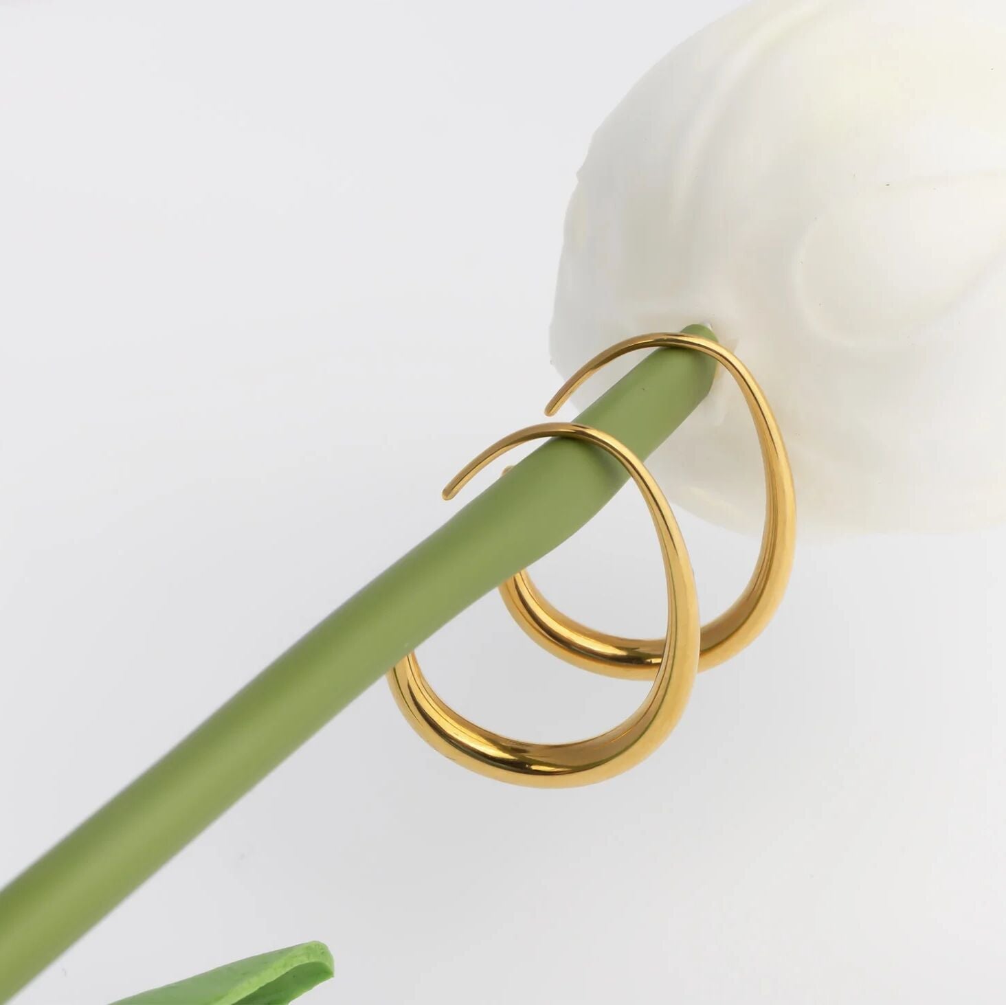 Gold hoop earrings on a green stick against a white background