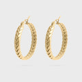 Gold hoop earrings on a light gray background