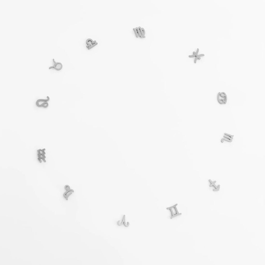Silver zodiac earrings in a circle on a white background