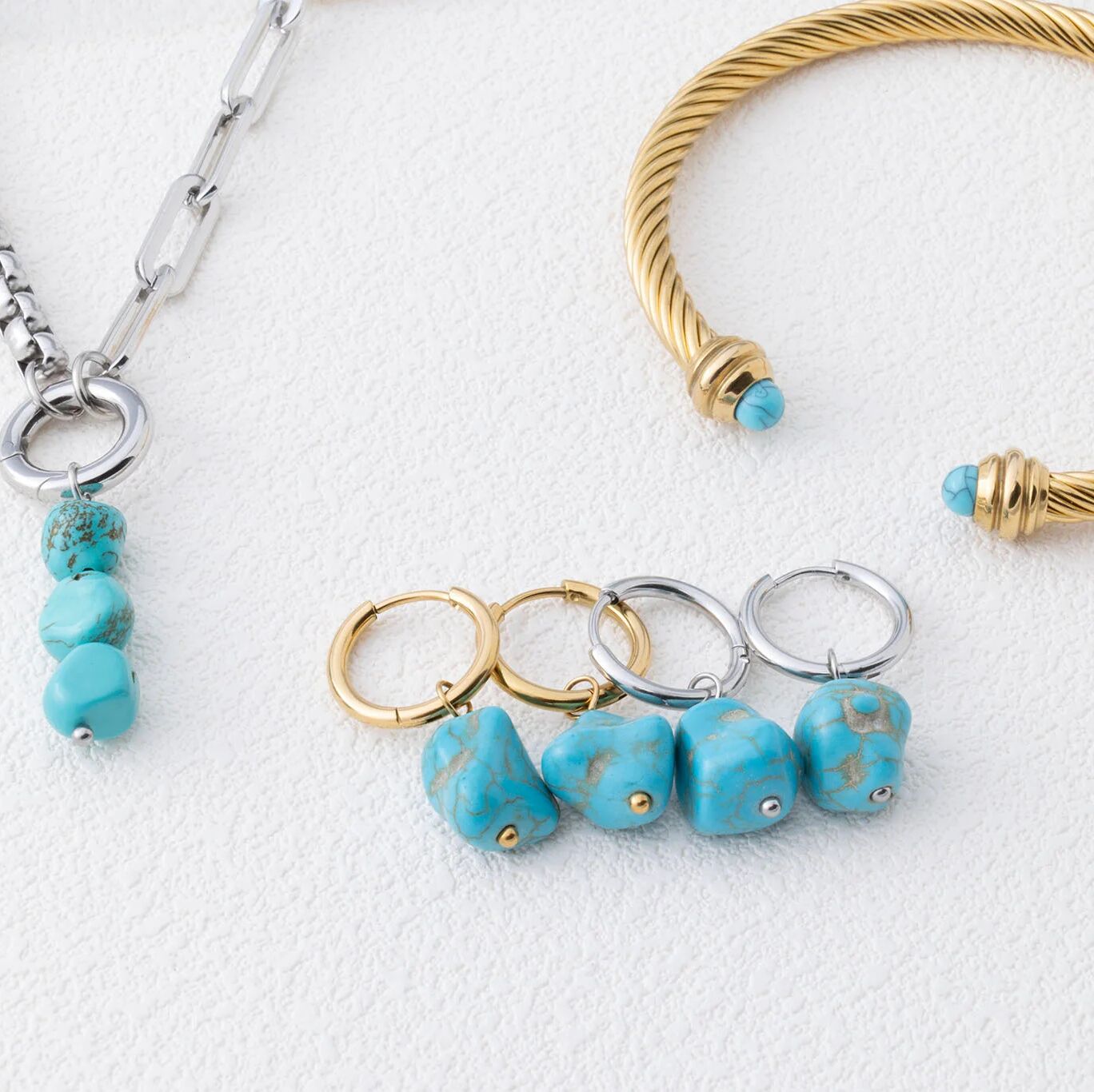 Turquoise Stone Huggie Earrings- collection shot-- gold and silver 