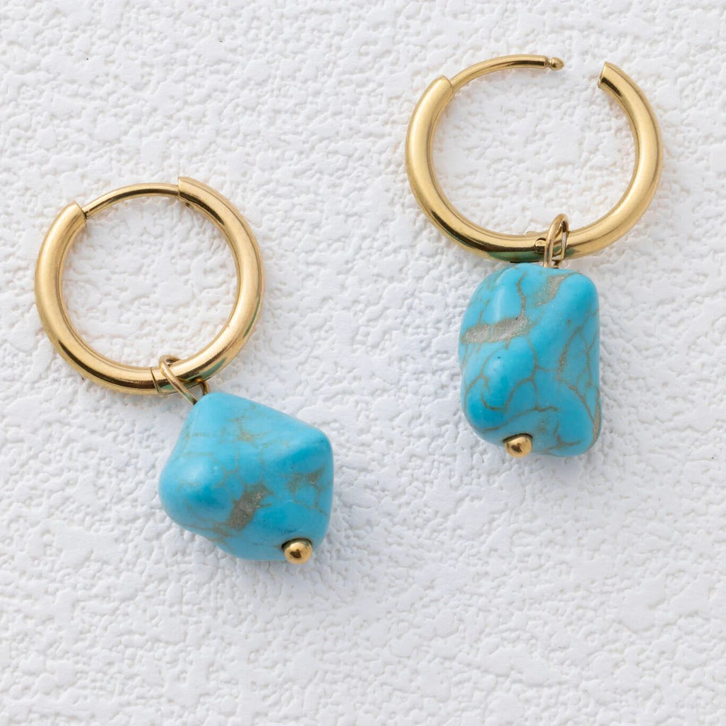 Turquoise Stone Huggie Earrings - gold main 