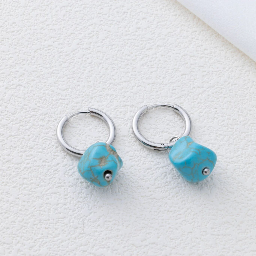 Turquoise Stone Huggie Earrings- silver studio 