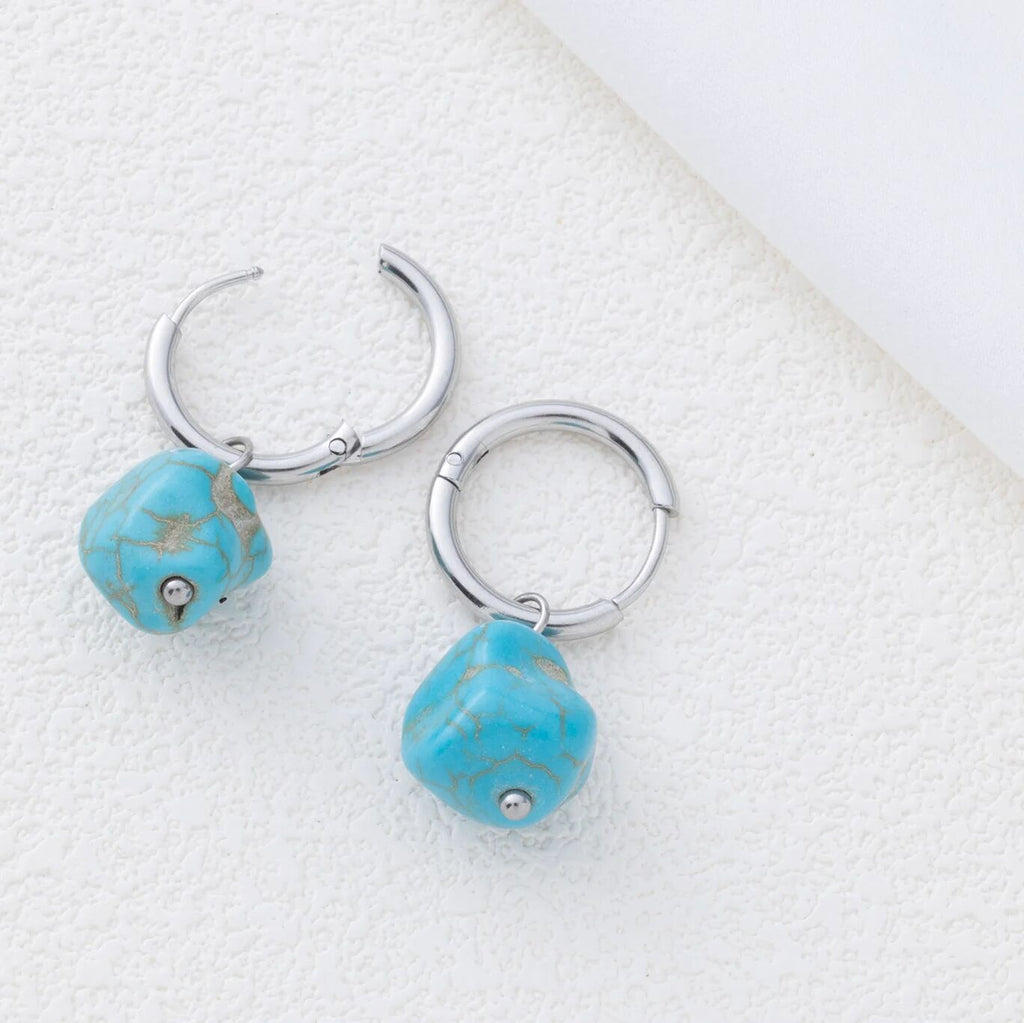 Turquoise Stone Huggie Earrings- silver studio 