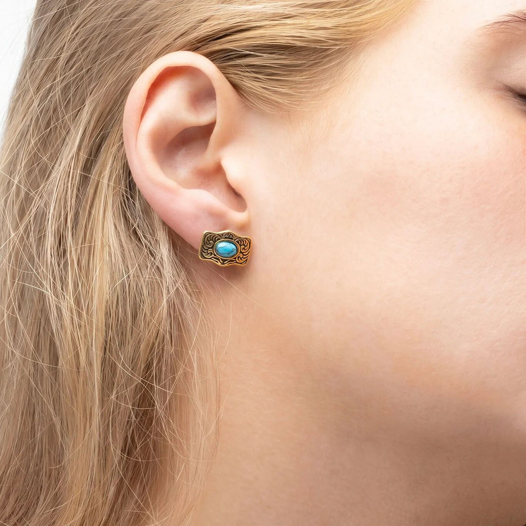 Turquoise Stone Buckle Stud Earrings - Model