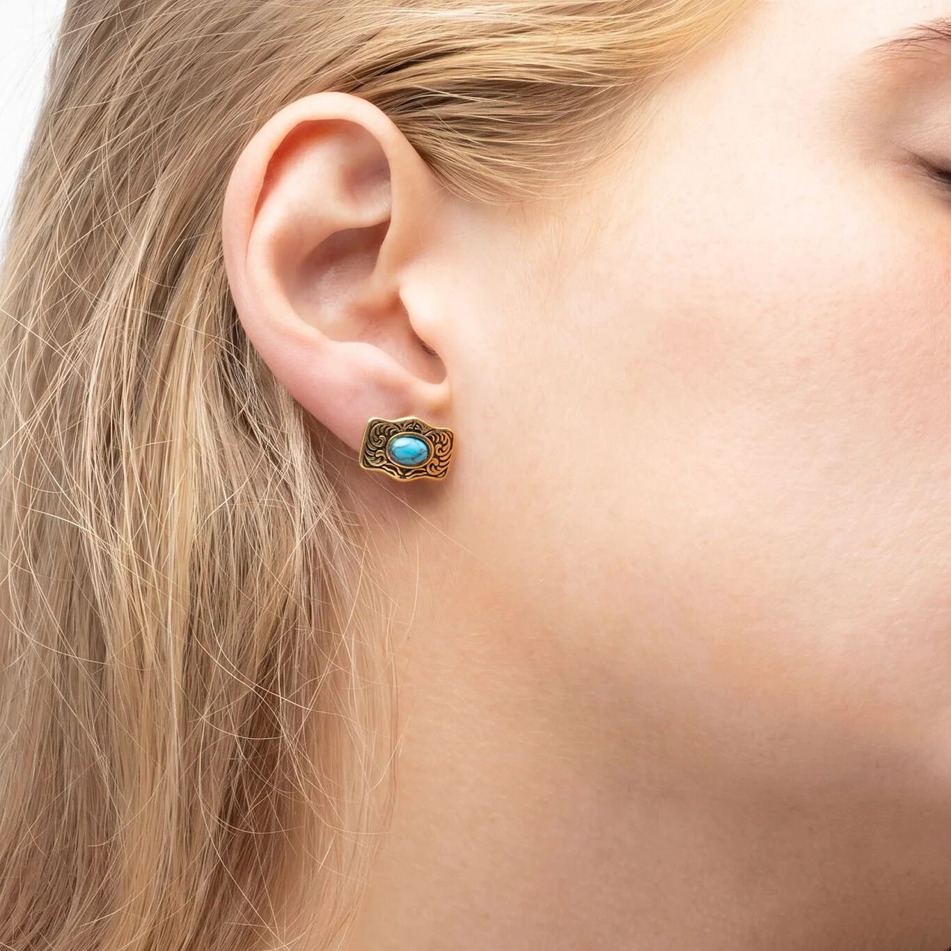 Turquoise Stone Buckle Stud Earrings - Model