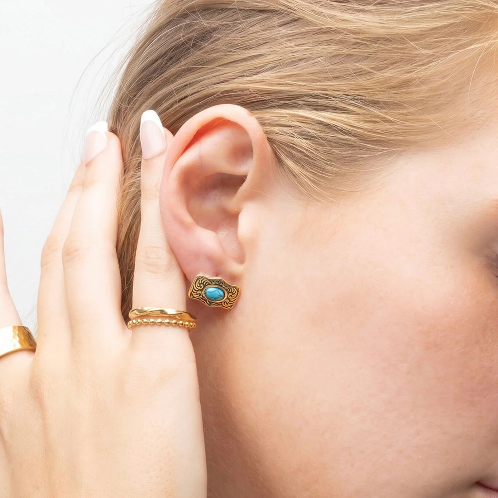 Turquoise Stone Buckle Stud Earrings - Model