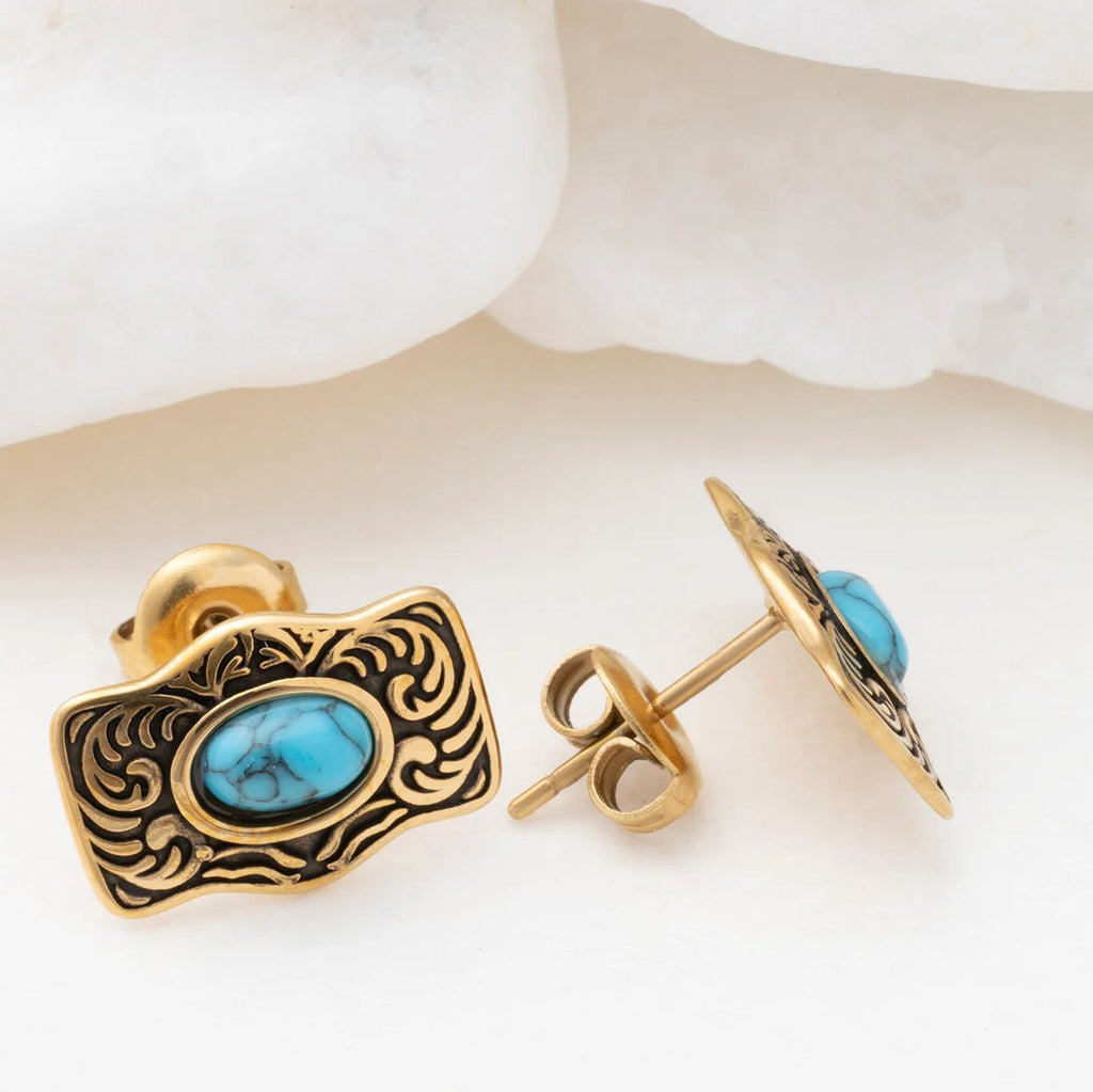 Turquoise Stone Buckle Stud Earrings - Studio