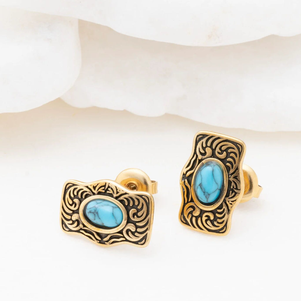 Turquoise Stone Buckle Stud Earrings - Studio