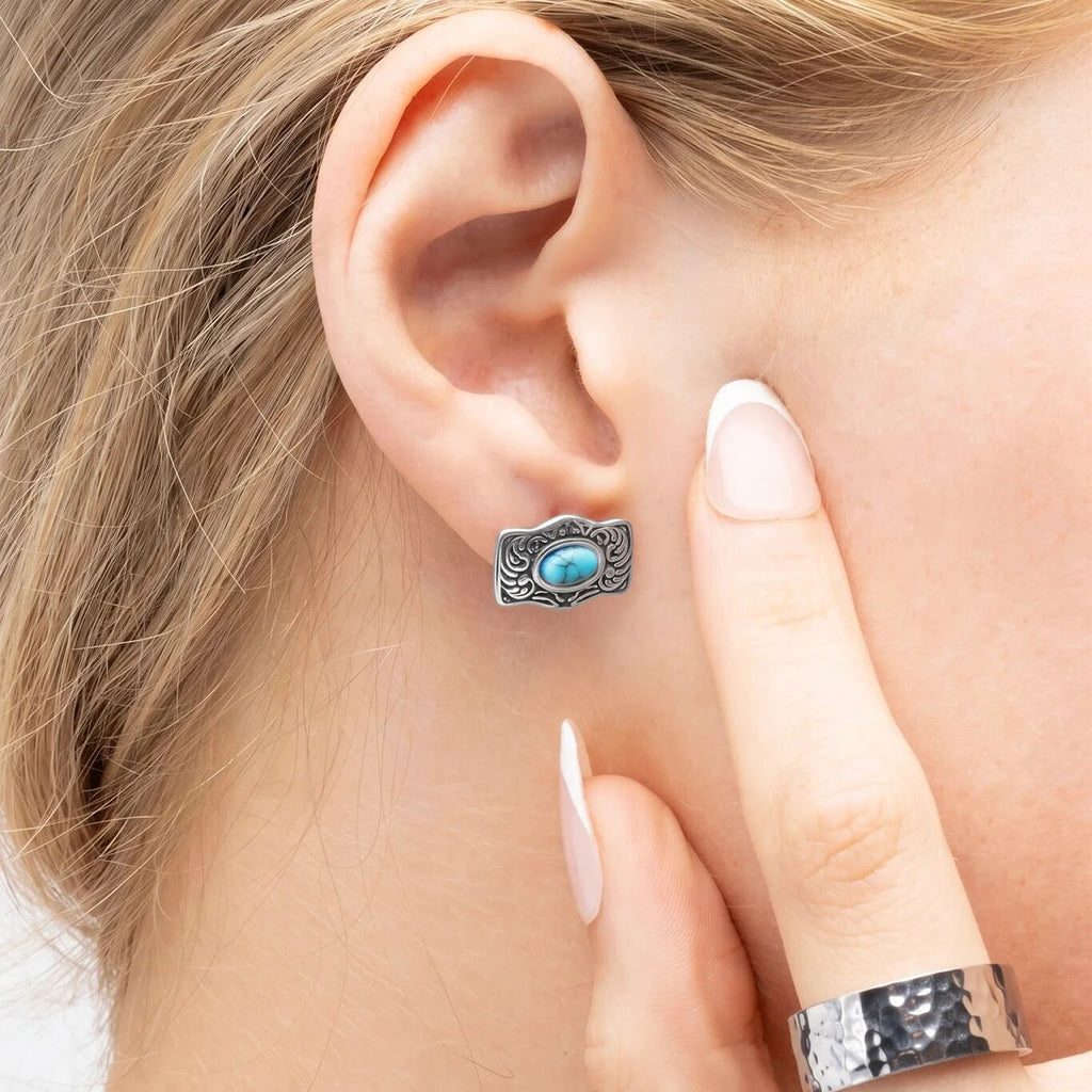 Turquoise Stone Buckle Stud Earrings - Model