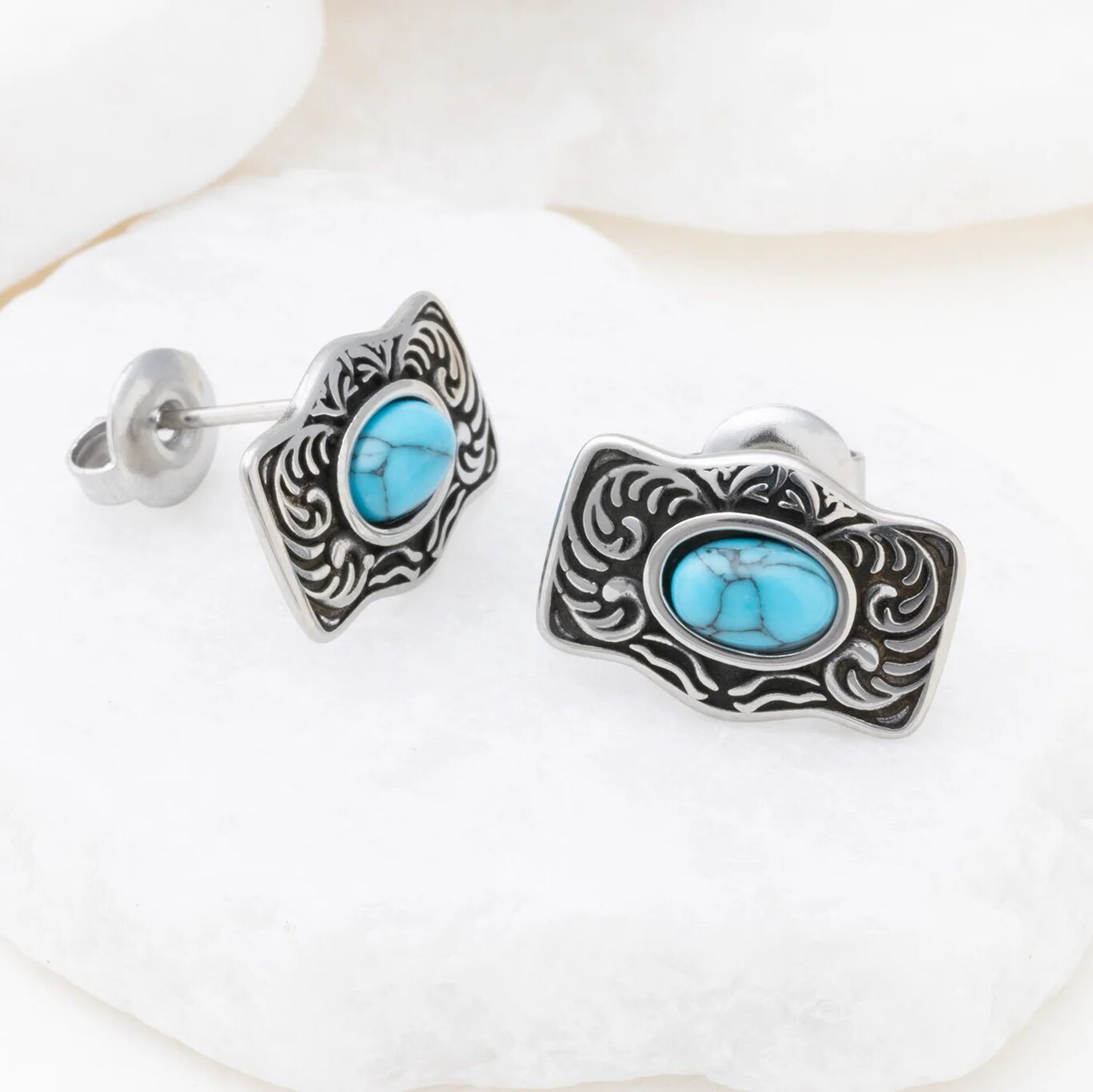 Turquoise Stone Buckle Stud Earrings - Studio