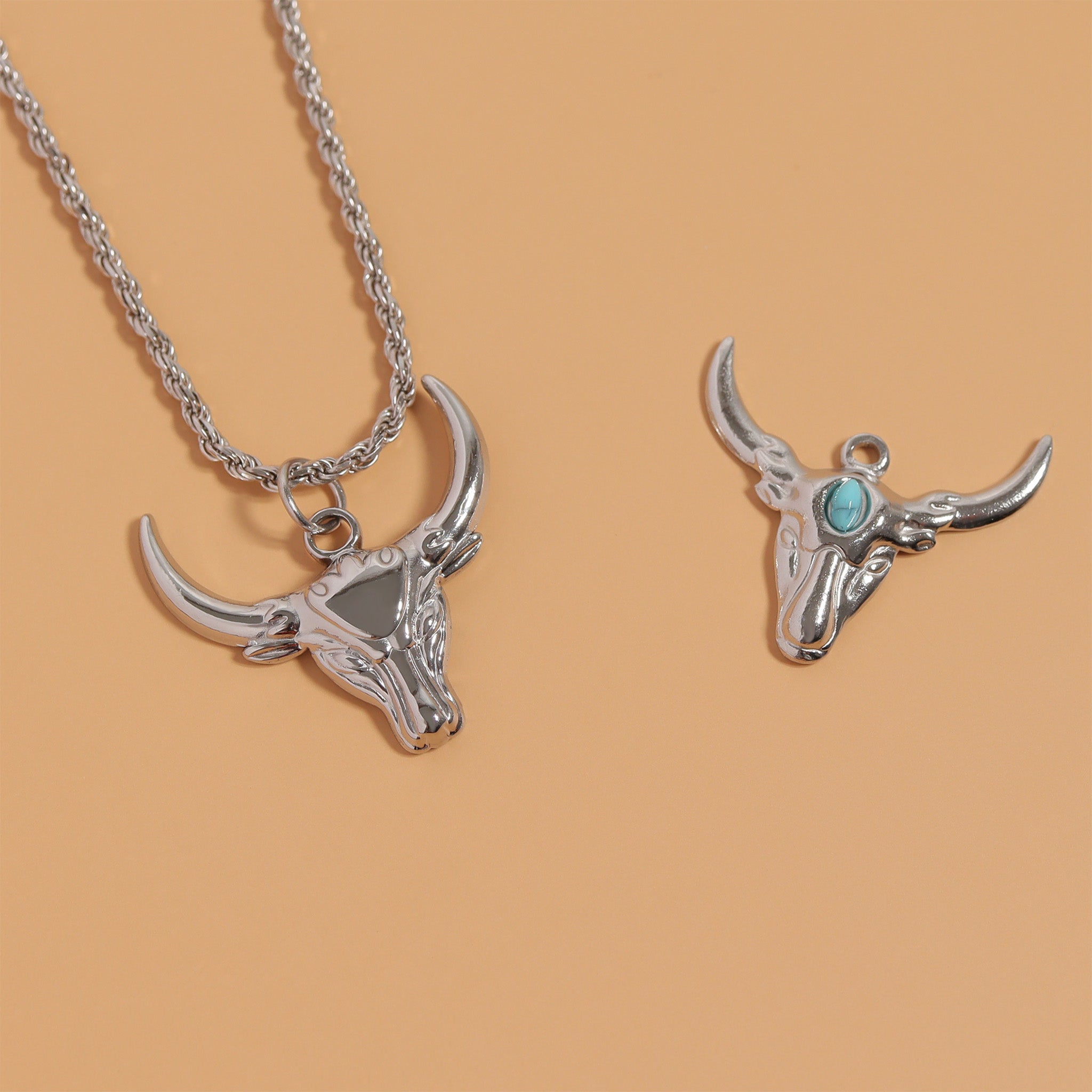 Longhorn bull pendant with turquoise stone in forehead lifestyle