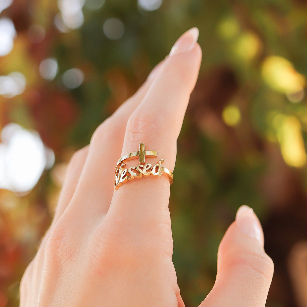 18K Gold PVD Stainless Steel Adjustable "Blessed" Ring