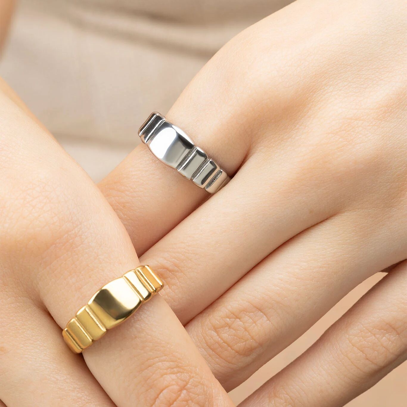 Ridged Band Signet Ring- gold and silver model 